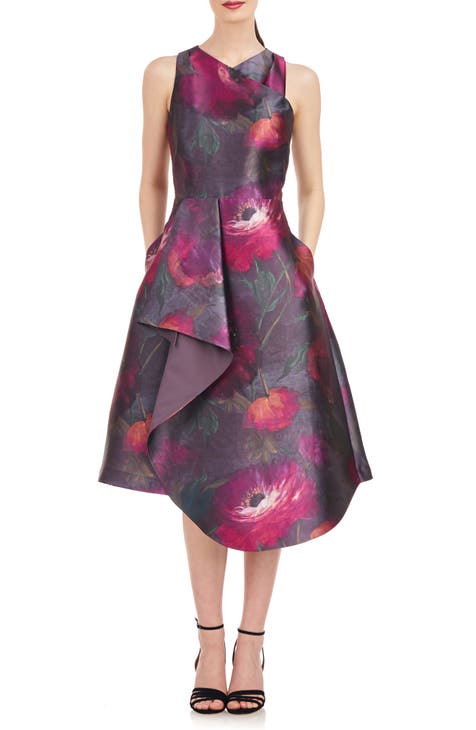 Kay Unger Metallic Floral Print Sleeveless Fit and Flare Tea Length Dress