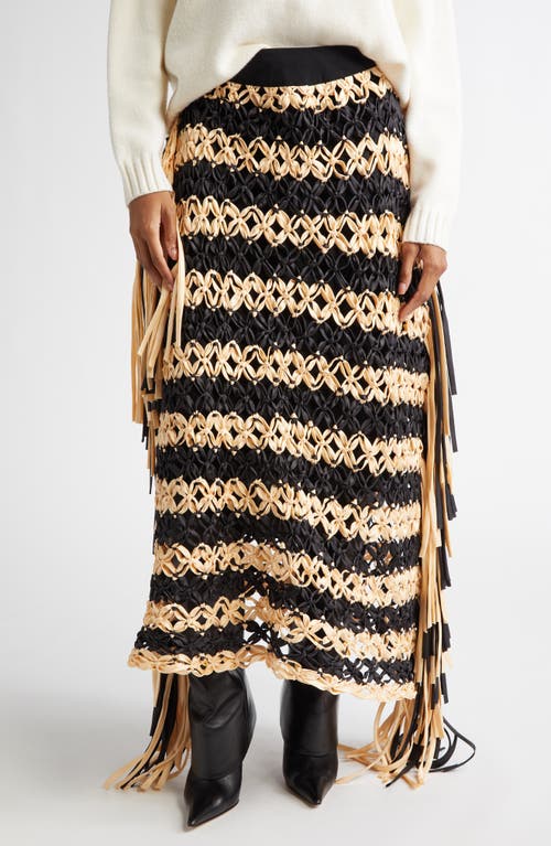 Diotima Cavalla Fringe Stripe Macramé Maxi Skirt in Ivory-Black 