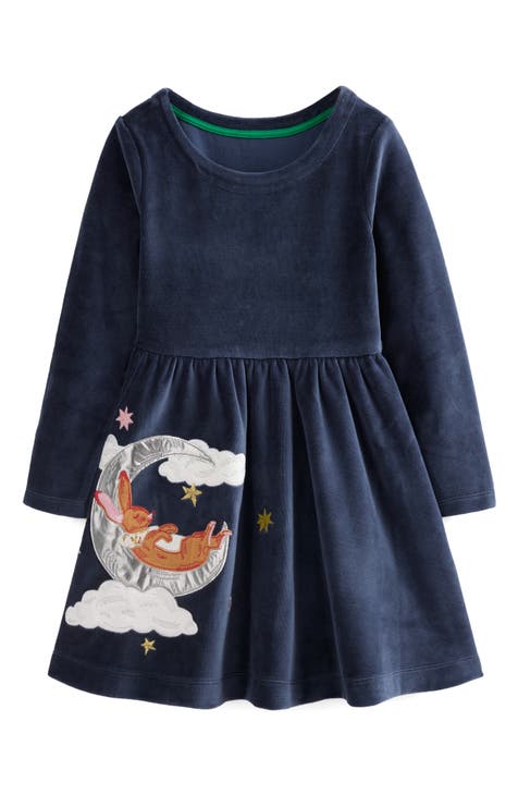 Kids' Bunny Appliqué Long Sleeve Velour Dress (Toddler, Little Kid & Big Kid)