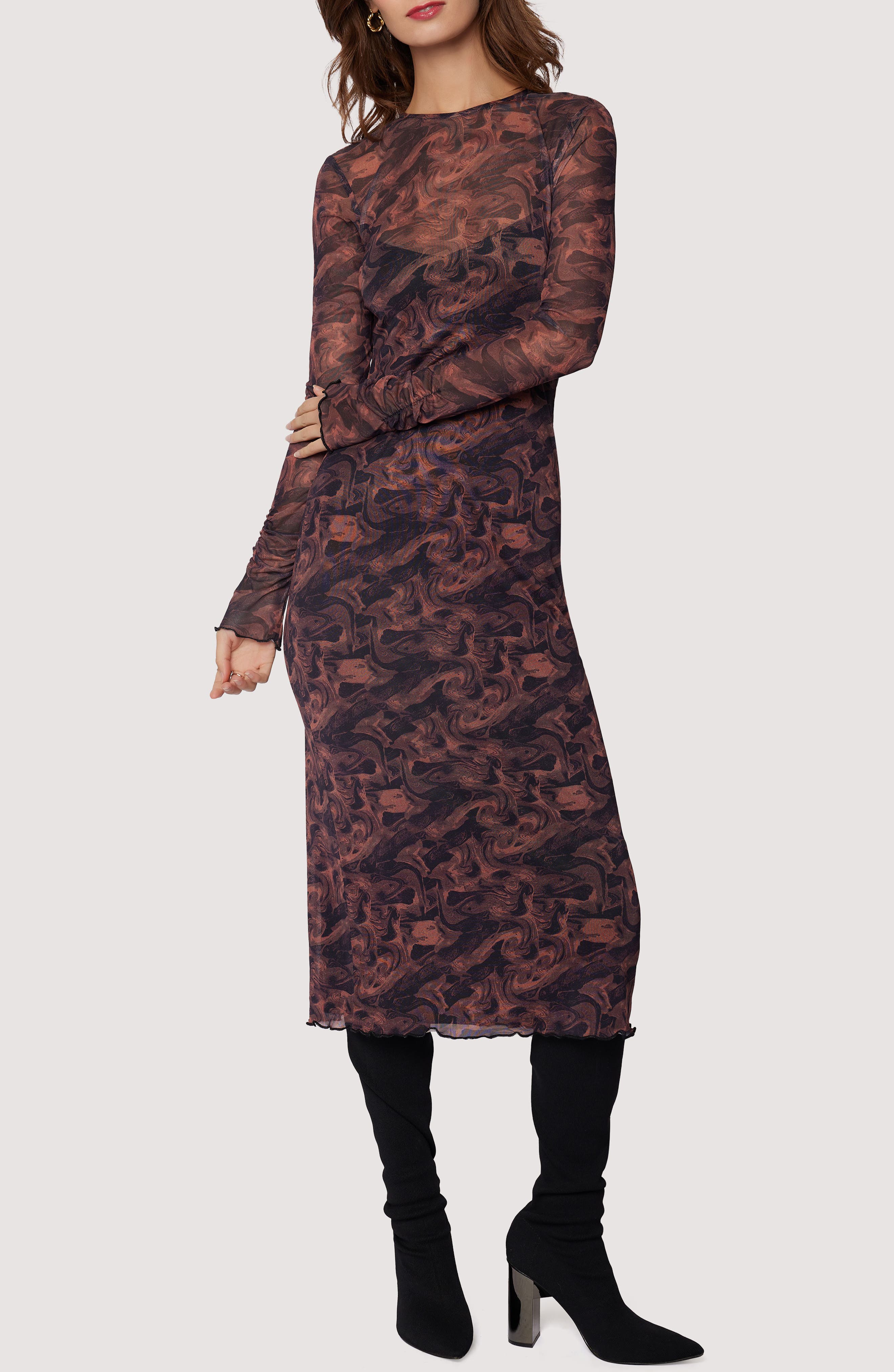 Lost + Wander Contessa Long Sleeve Mesh Midi Dress in Copper Black 