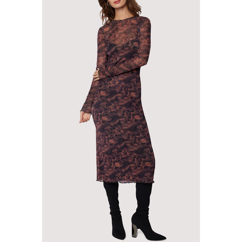 Lost + Wander Contessa Long Sleeve Mesh Midi Dress in Copper Black