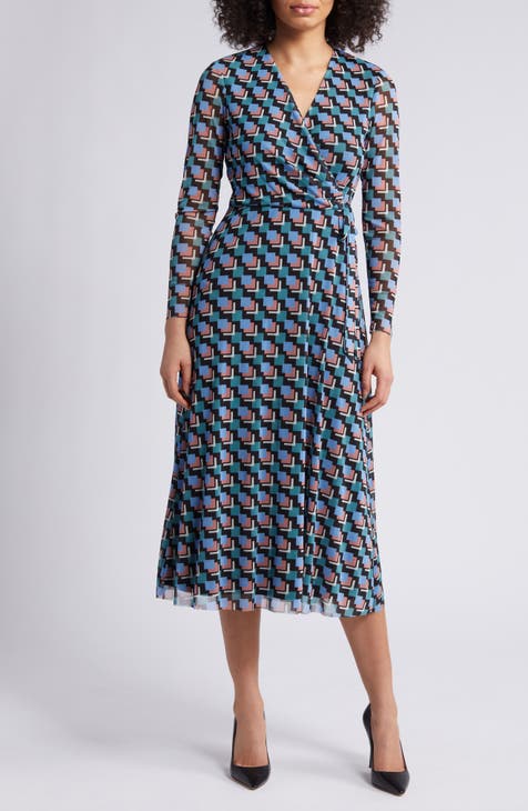 Geo Print Long Sleeve Faux Wrap Midi Dress