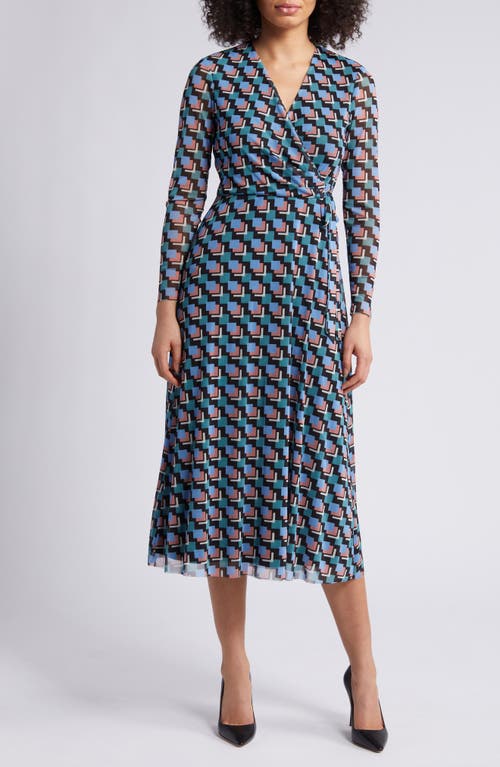 Shop Anne Klein Geo Print Long Sleeve Faux Wrap Midi Dress In Anne Black/cape Blue Multi