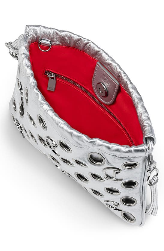 Shop Christian Louboutin Mini Mouchara Grommets Metallic Leather Crossbody Bag In Silver/ Silver