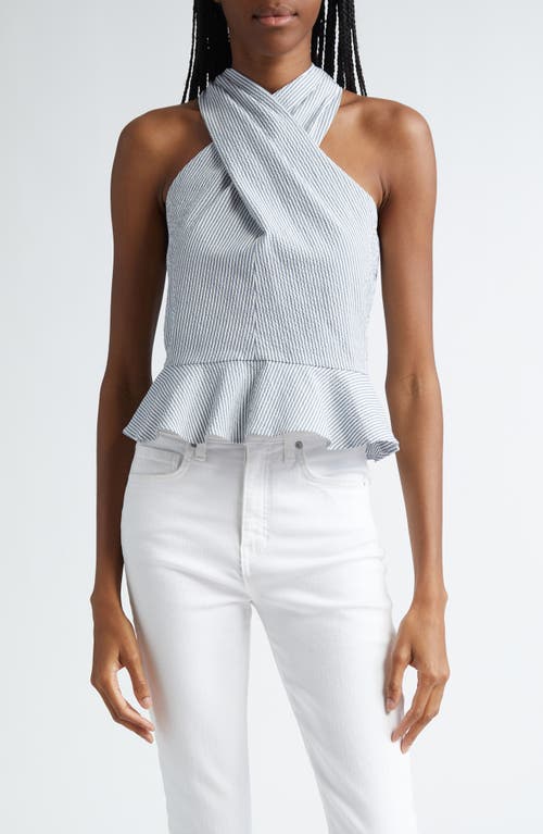 Shop Veronica Beard Drey Seersucker Peplum Top In Blue/white