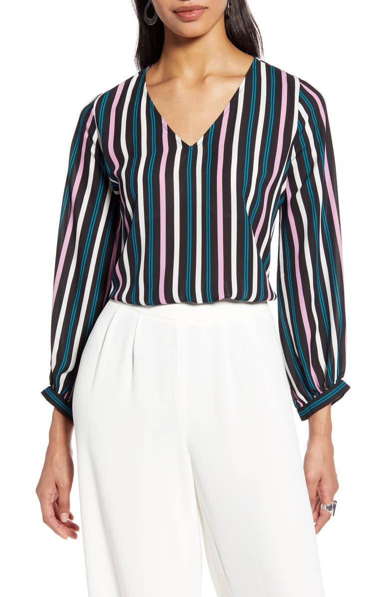 HALOGEN<SUP>®</SUP> V-Neck Blouse, Main, color, BLACK- TEAL G BARBARA STRIPE