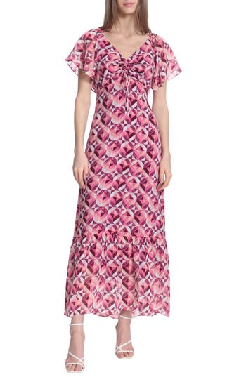 Shop Donna Morgan For Maggy Geo Print Flutter Sleeve Maxi Dress In Pink/purple
