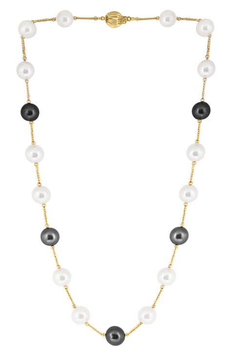 14K Yellow Gold 9–10mm Black & White Freshwater Pearl Necklace