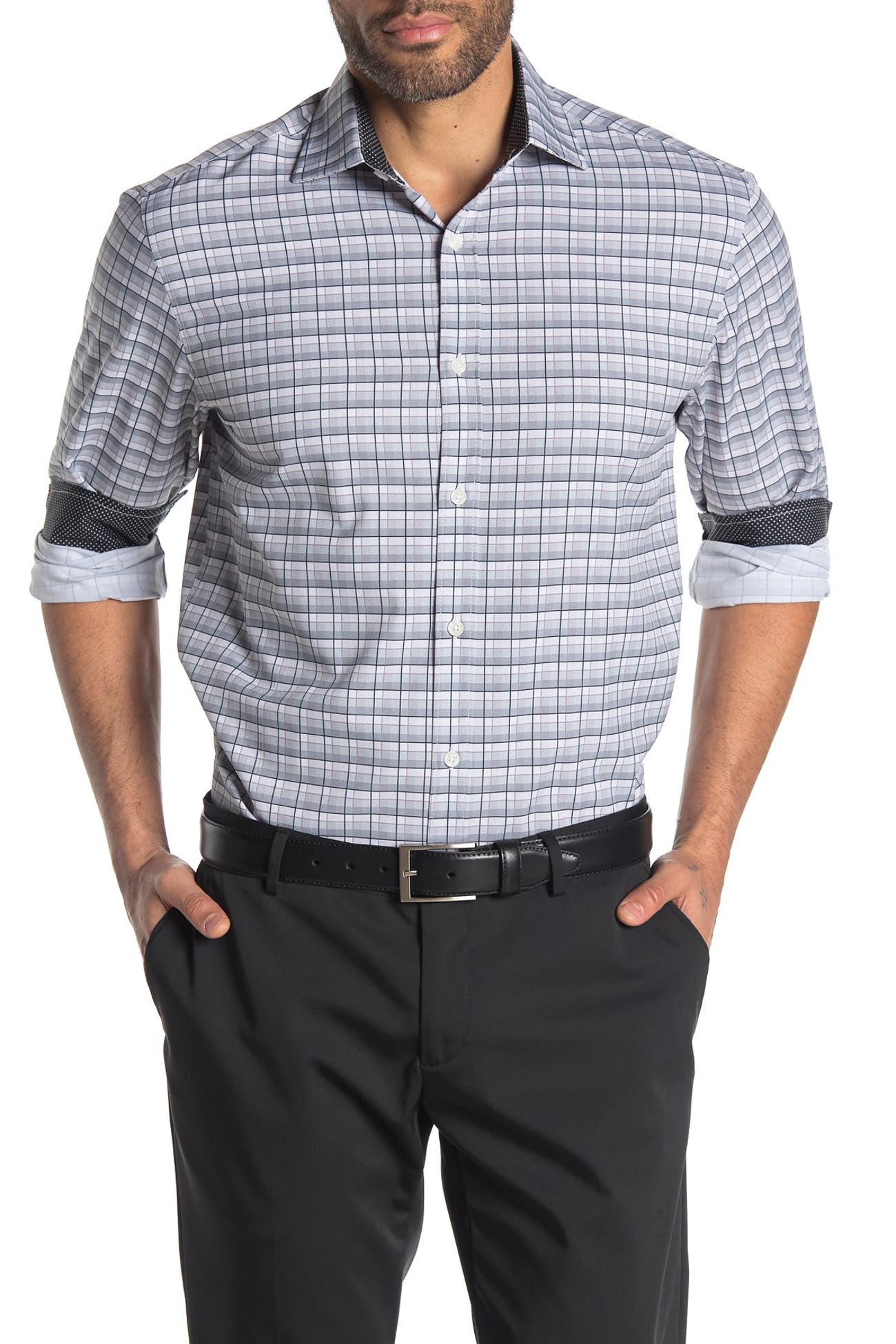 CONSTRUCT Check Print Long Sleeve 4Way Stretch Slim Fit Shirt