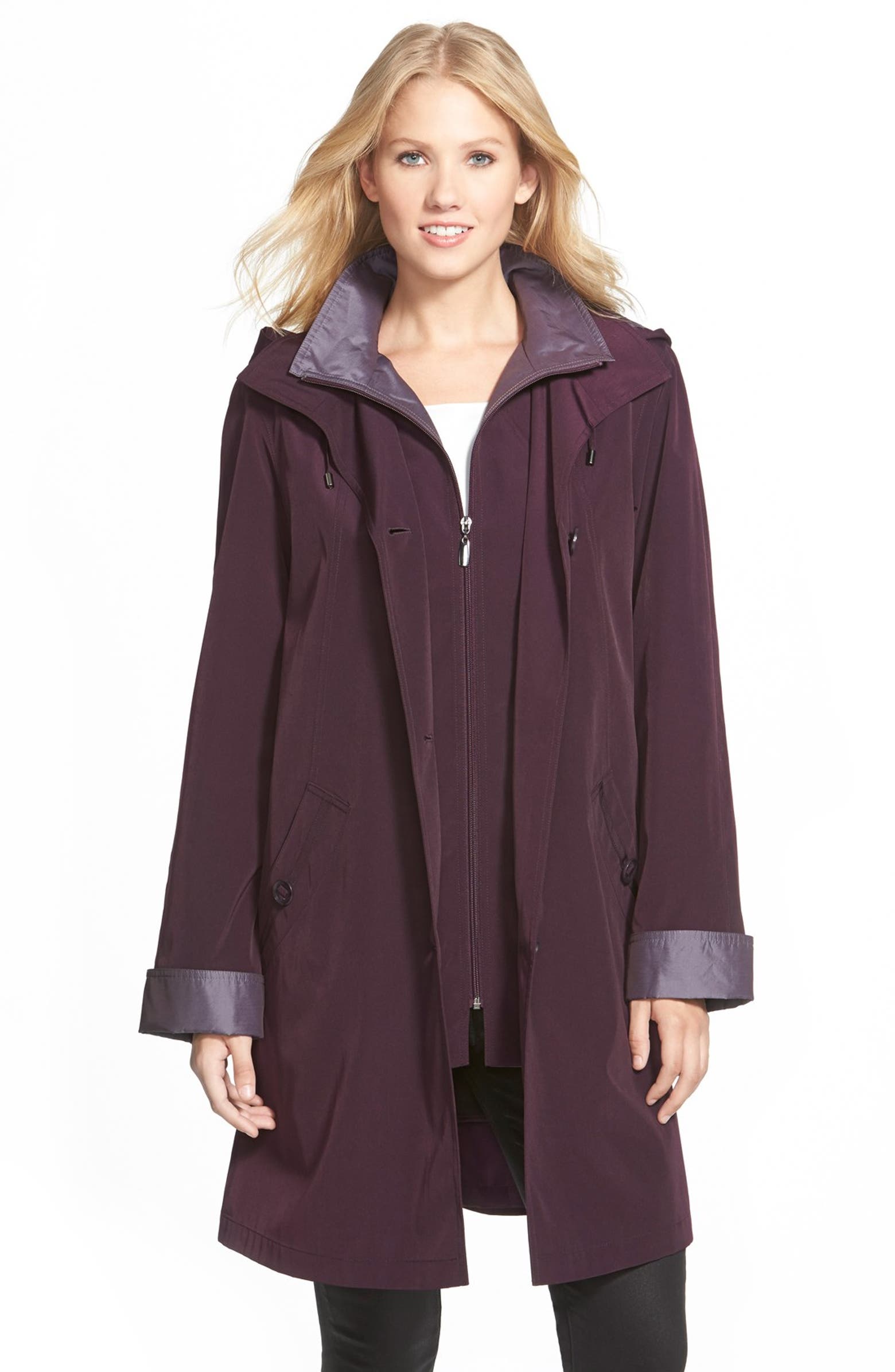 Gallery Two Tone Long Silk Look Raincoat (Regular & Petite) | Nordstrom