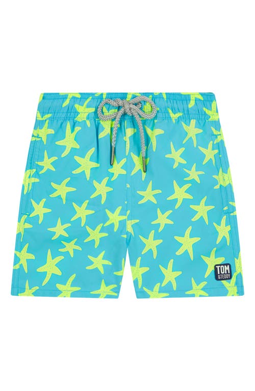 Tom & Teddy Kids' Starfish Print Swim Trunks In Sky/yellow