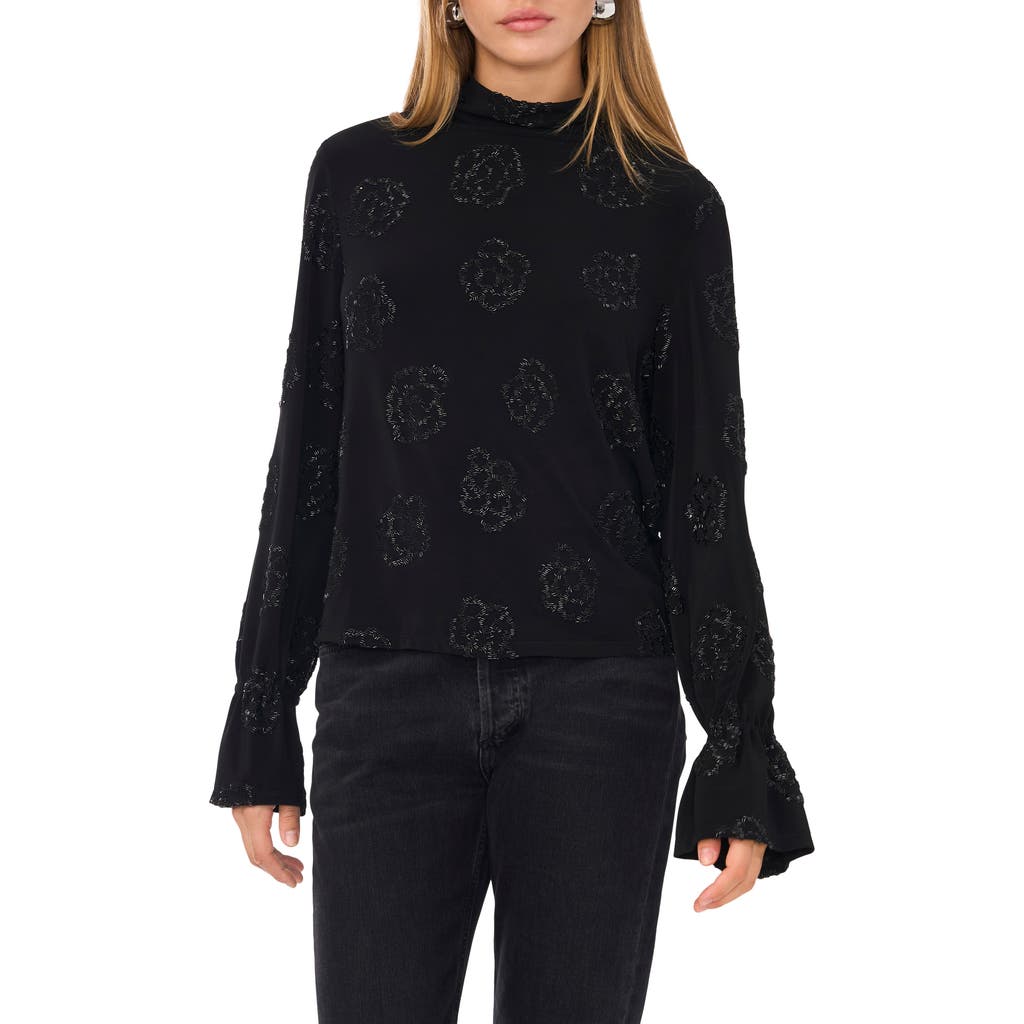 1.STATE Embellished Open Back Mock Neck Top in Rich Black