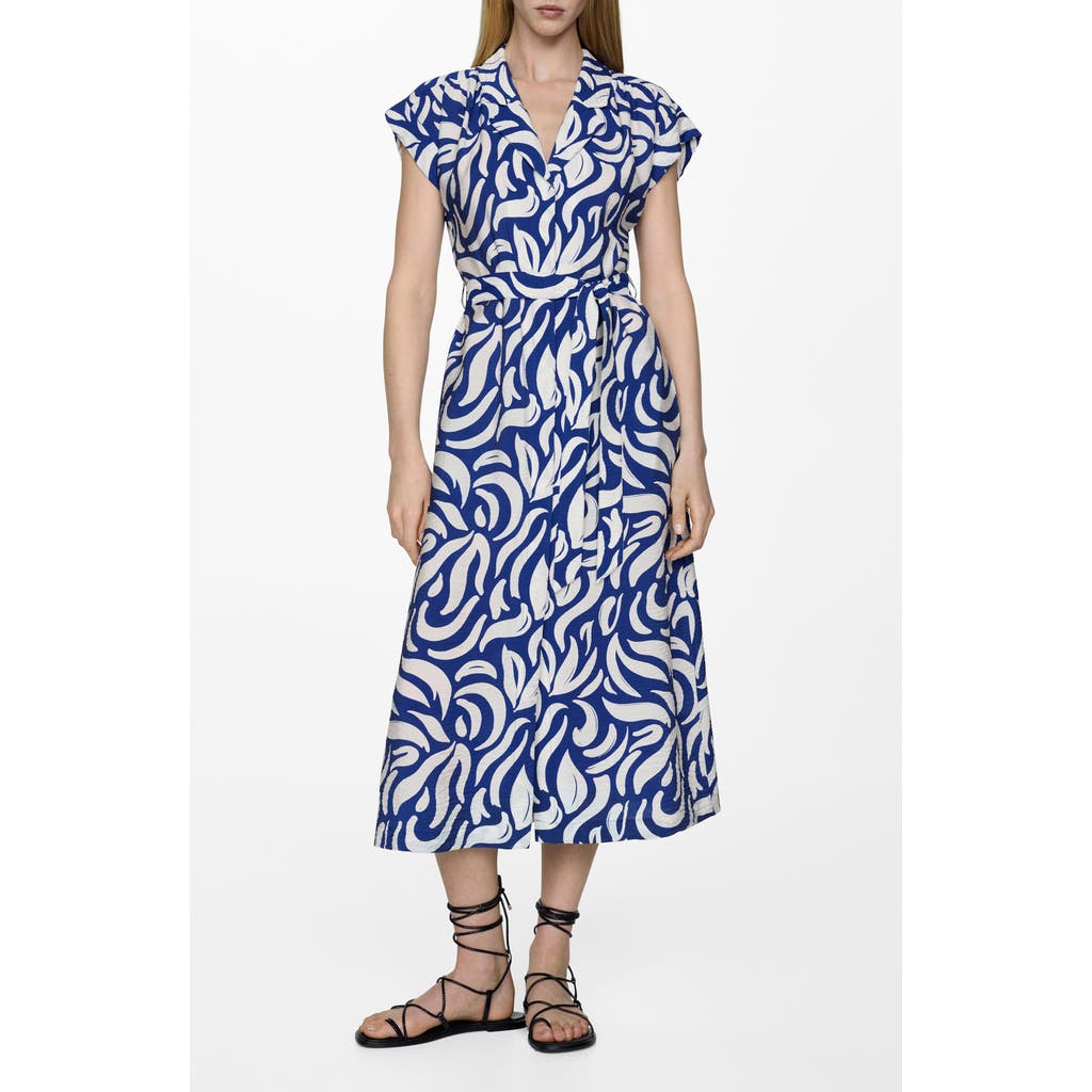 Mango Tie Waist Midi Shirtdress In Medium Blue