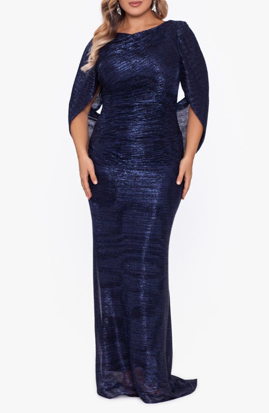 Shop Betsy & Adam Cape Sleeve Metallic Crinkle Gown In Navy/ Royal