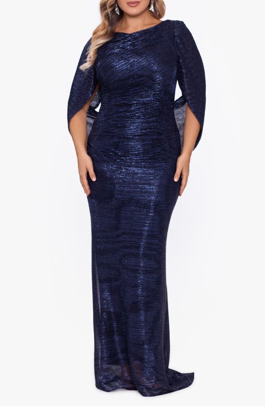Betsy & Adam Crinkled Metallic Drape Back Gown In Navy/ Royal