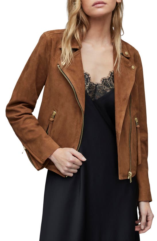 Allsaints Morgan Convertible Suede Biker Jacket In Deep Tan Brown