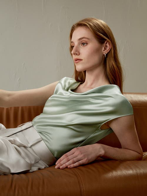 Lilysilk Silk Charmeuse Cowl Neck Top In Aqua Green