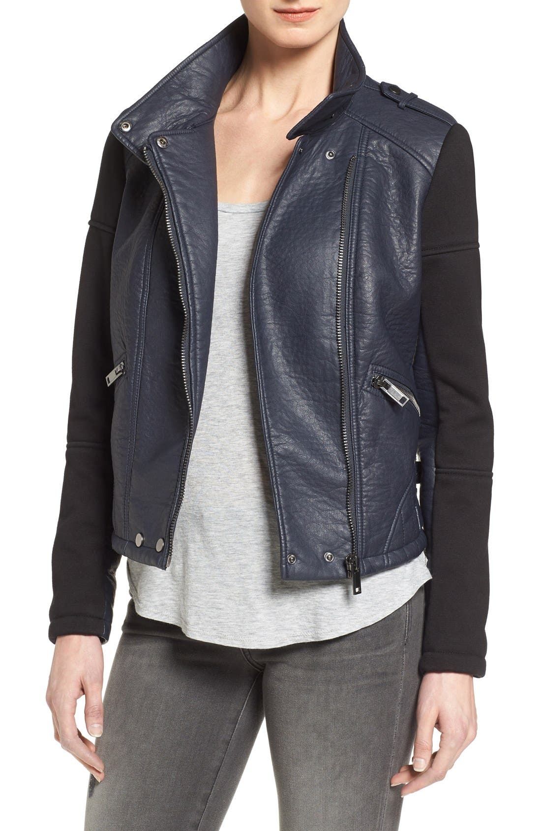 Bernardo Knit Sleeve Faux Leather Moto Jacket Nordstrom
