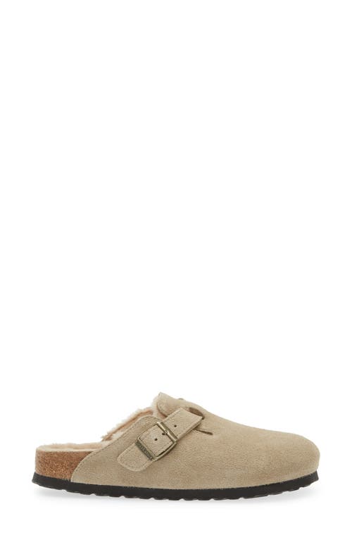 Birkenstock Boston Shearling Suede Mule In Taupe