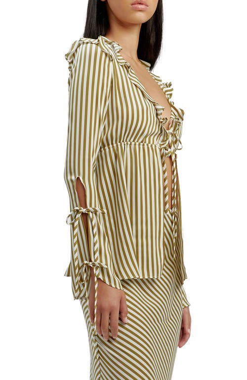 Bardot Dhalia Stripe Frill Tie Front Top In Green Stripe