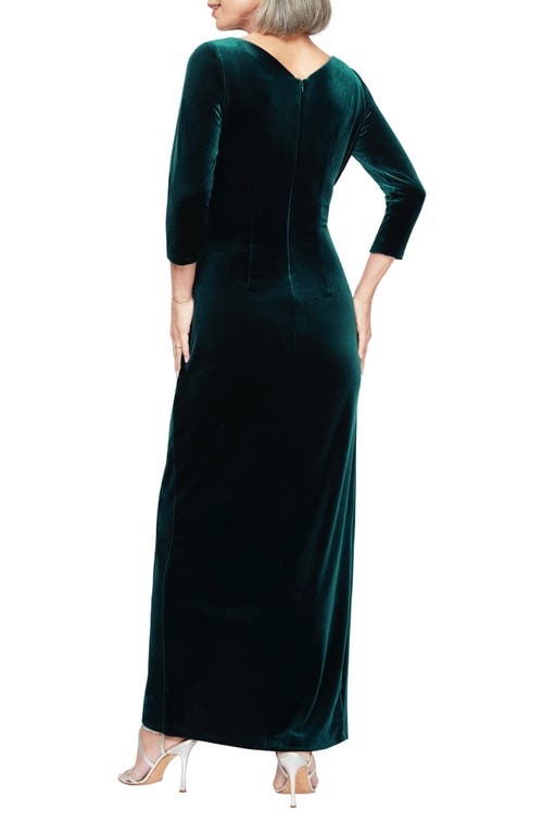 Shop Alex Evenings Ruched Three-quarter Sleeve Velvet Gown In Forest