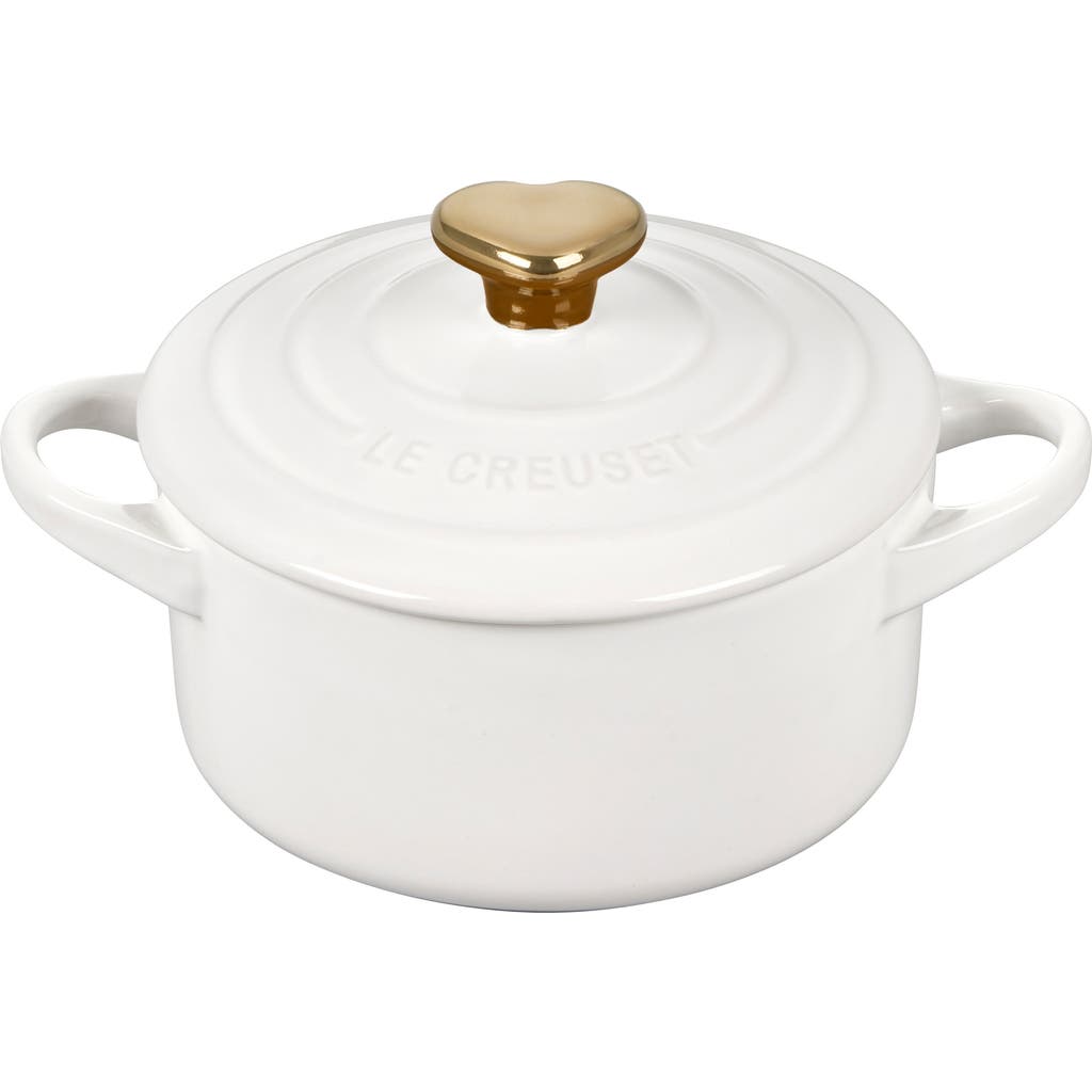Le Creuset Mini Round Stoneware Cocotte In White W/gold Heart Knob