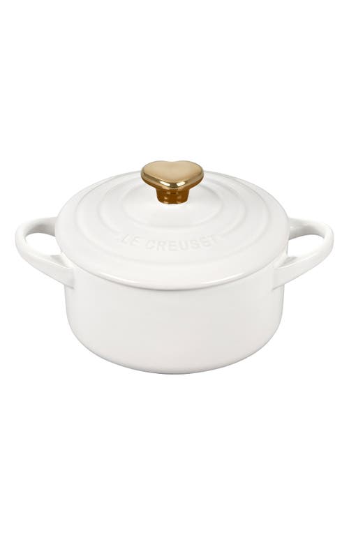Le Creuset Mini Round Stoneware Cocotte In White W/gold Heart Knob