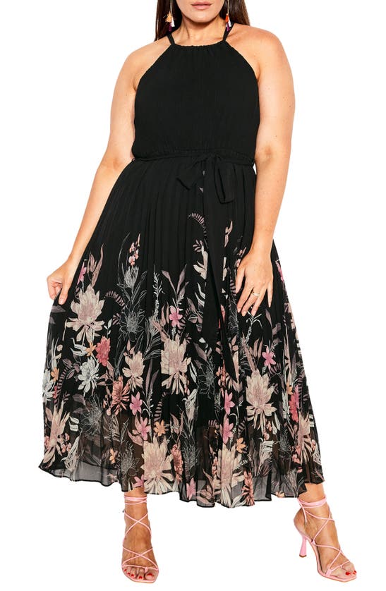 City Chic Rebecca Floral Belted Maxi Dress In Black Botanical Bdr