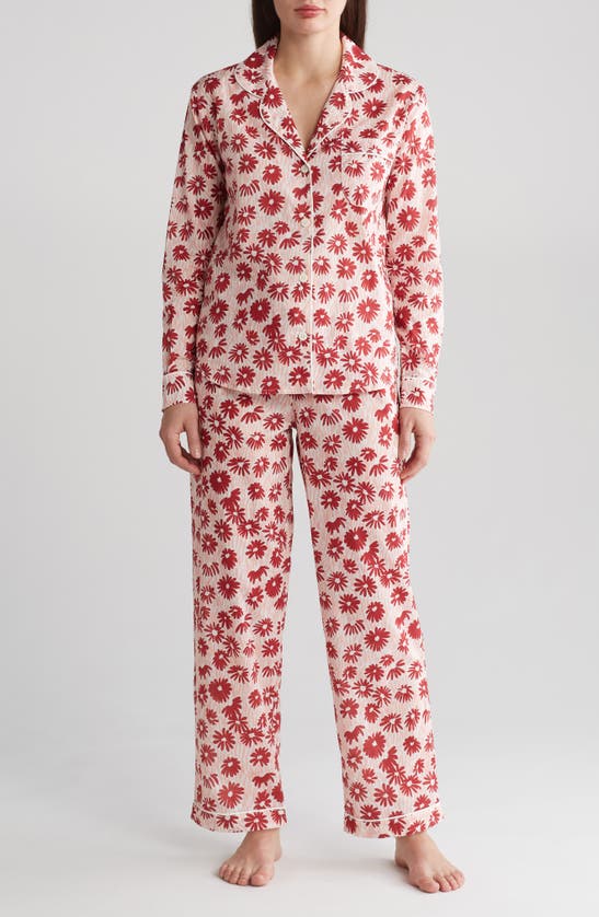 Shop Desmond & Dempsey Long Sleeve Cotton Pajamas In Chamomile Pink/ Red