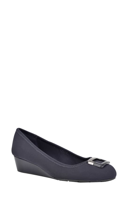 Shop Bandolino Wedge Pump In Navy Blue Fabric