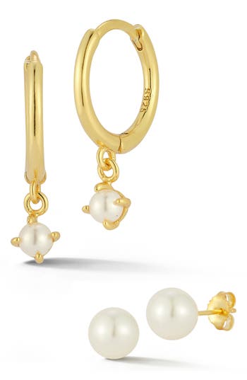 Glaze Jewelry 2mm And 8mm Cultured Pearl Hoop And Stud Earrings Set In Gold