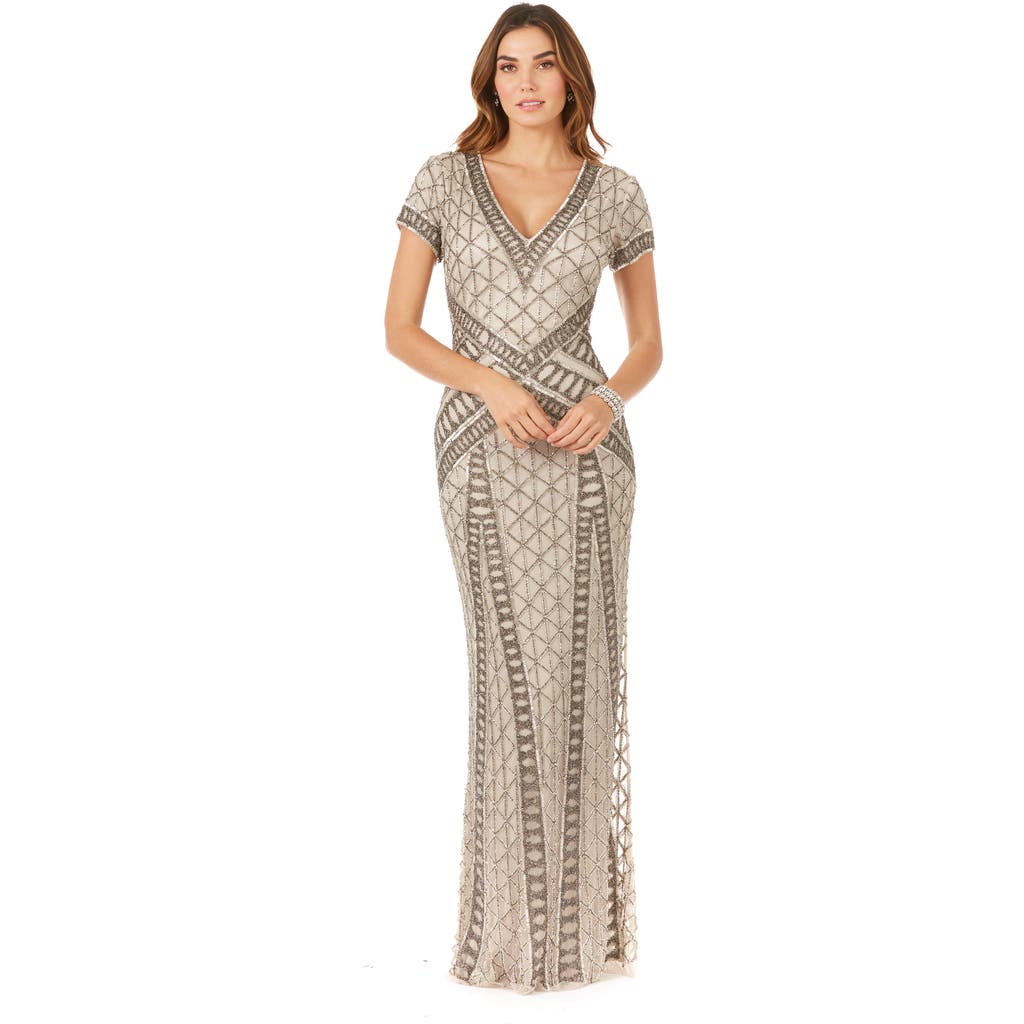 Lara New York Beaded V-neckline Dress With Cap Sleeves In Silver