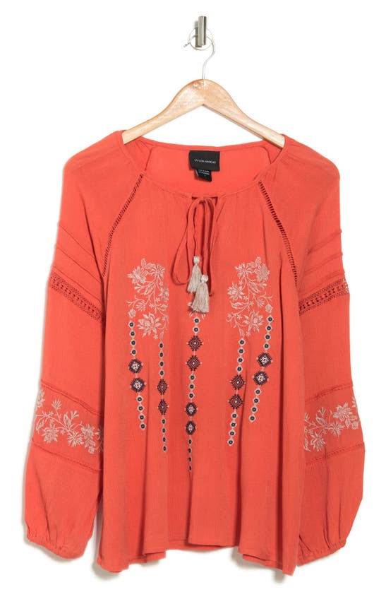 Forgotten Grace Embroidered Keyhole Long Sleeve Tunic Top In Orange