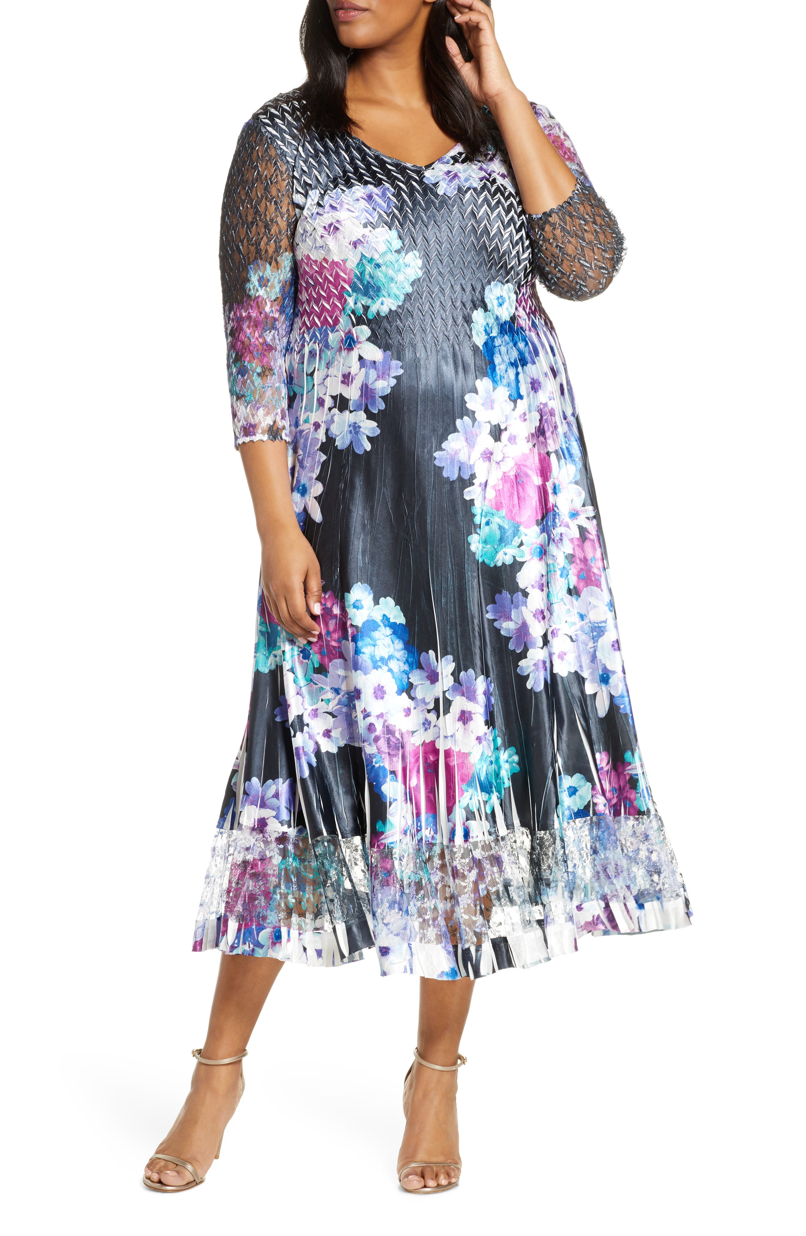 Plus Size Komarov Floral Print Charmeuse & Lace A-Line Dress, Purple