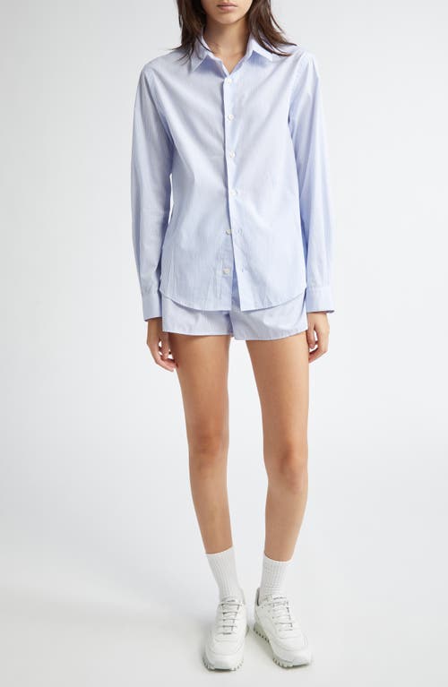 Shop Sporty And Rich Sporty & Rich Embroidered Logo Stripe Cotton Button-up Shirt In White/light Blue Thin Stripe