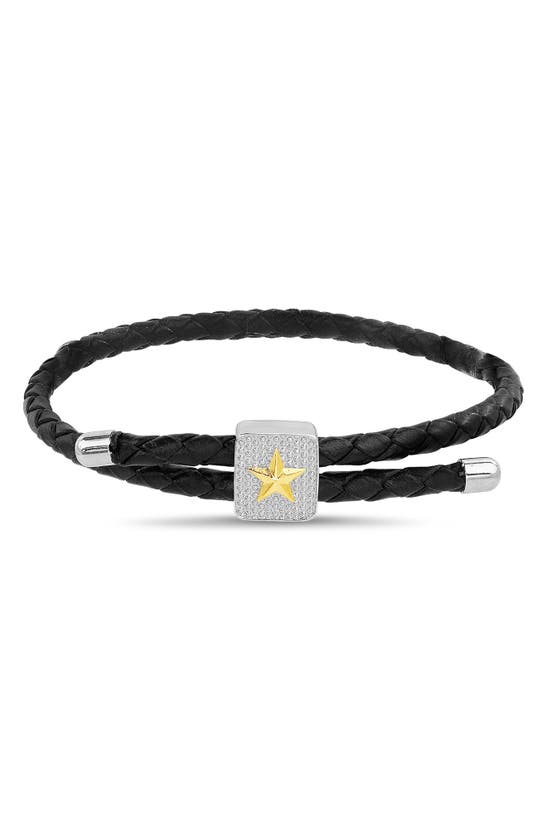 Shop Nautica Mens' Braided Leather & Crystal Pavé Slider Bracelet In Black/ Silver