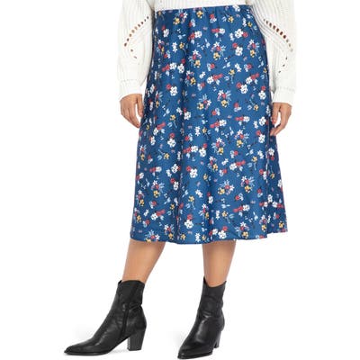 Plus Size Eloquii Floral Stretch Satin Midi Skirt, Blue
