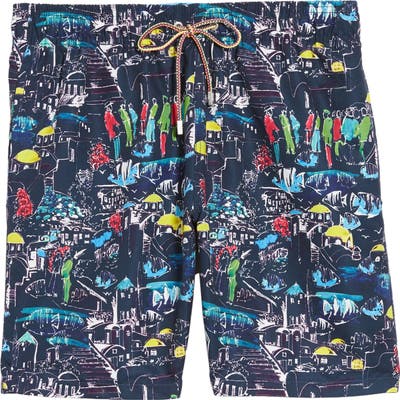 Bugatchi Print Swim Trunks, Blue