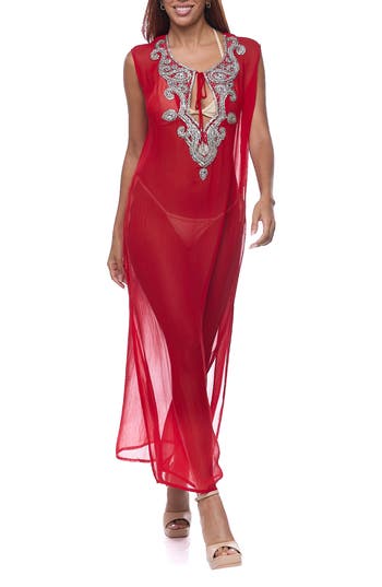 Ranee's Ranees Embellished Sheer Cover-up Dress In Red