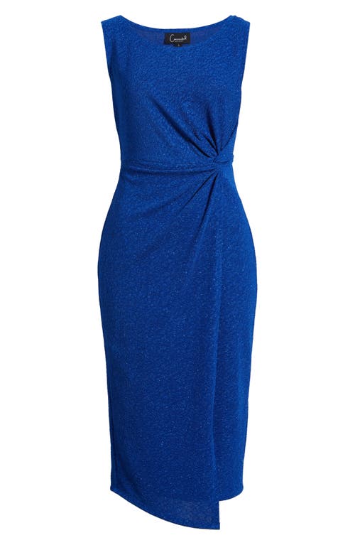 Connected Apparel Metallic Jacquard Faux Wrap Cocktail Dress In Deep Cobalt