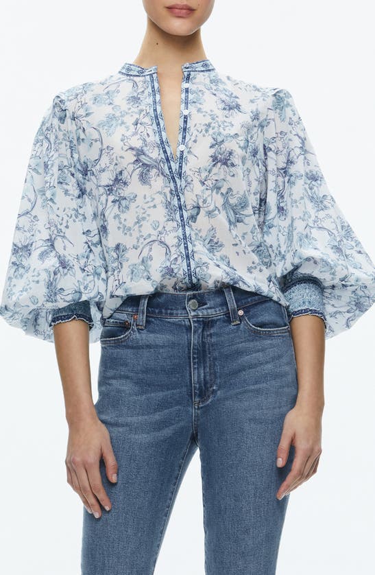 Shop Alice And Olivia April Floral Blouson Sleeve Cotton Top In Spring Sky