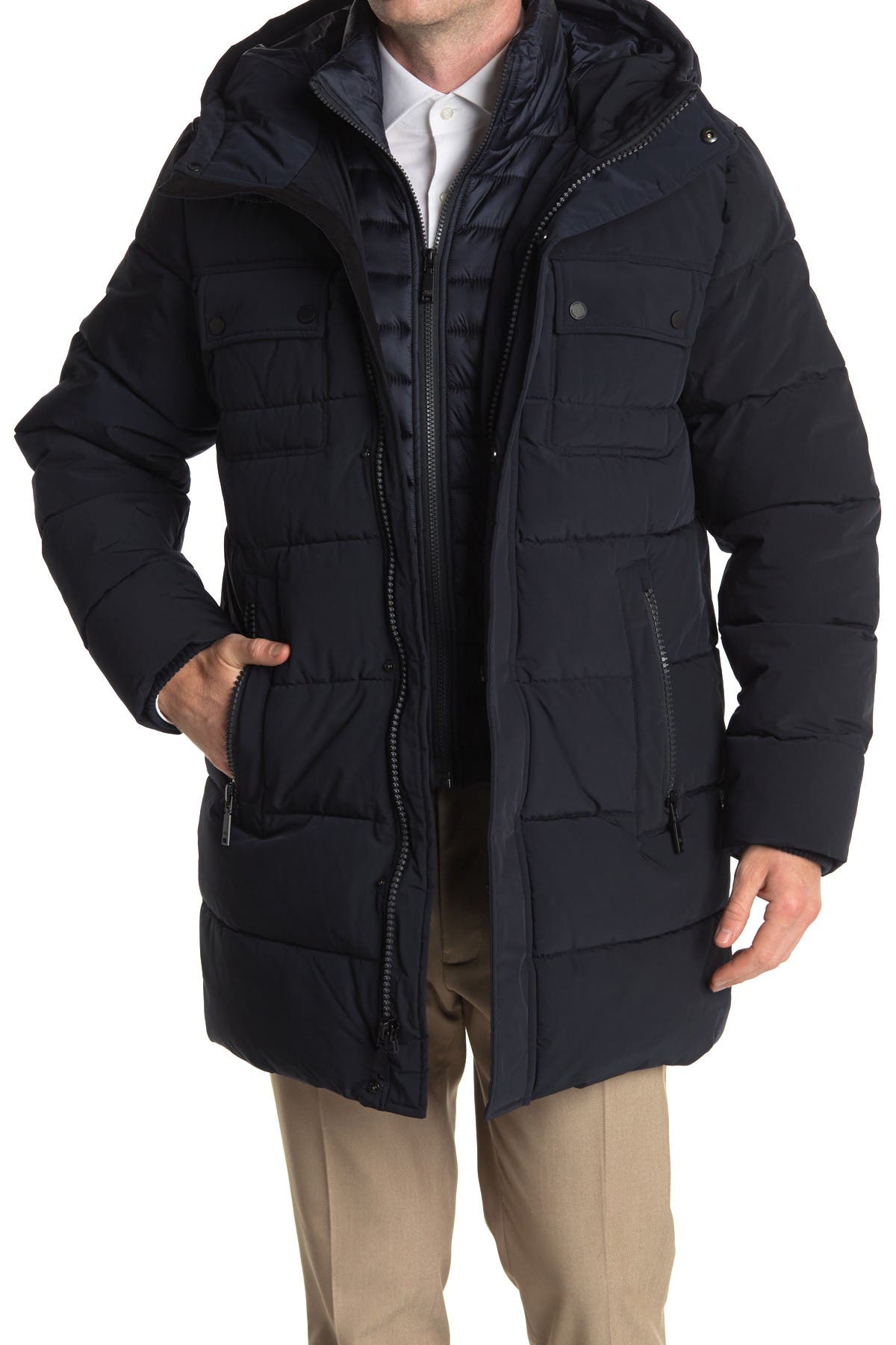 Vince Camuto Faux Down Vest Layered Parka In Navy | ModeSens