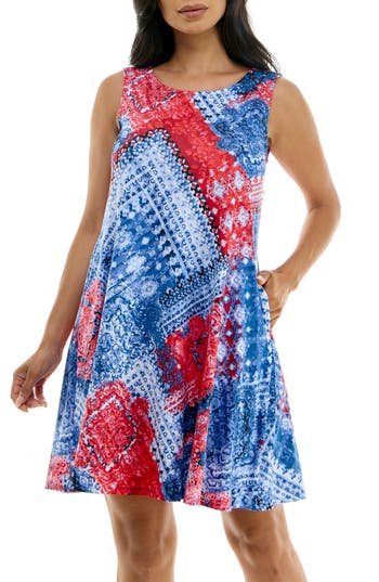 Shop Nina Leonard Scoop Neck Sleeveless Dress In Blue/red Multi