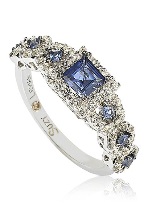Sterling Silver Asscher-Cut Sapphire & CZ Engagement Ring