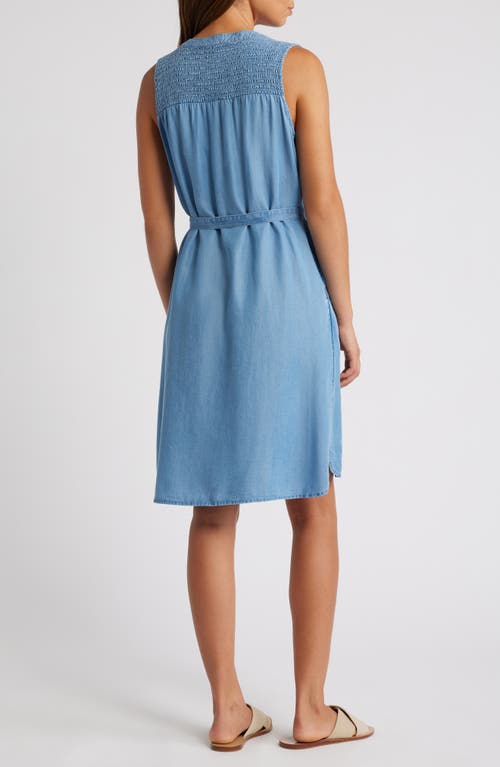 Shop Beachlunchlounge Riri Smocked Yoke Tie Waist Sleeveless Chambray Dress In Medium Wash