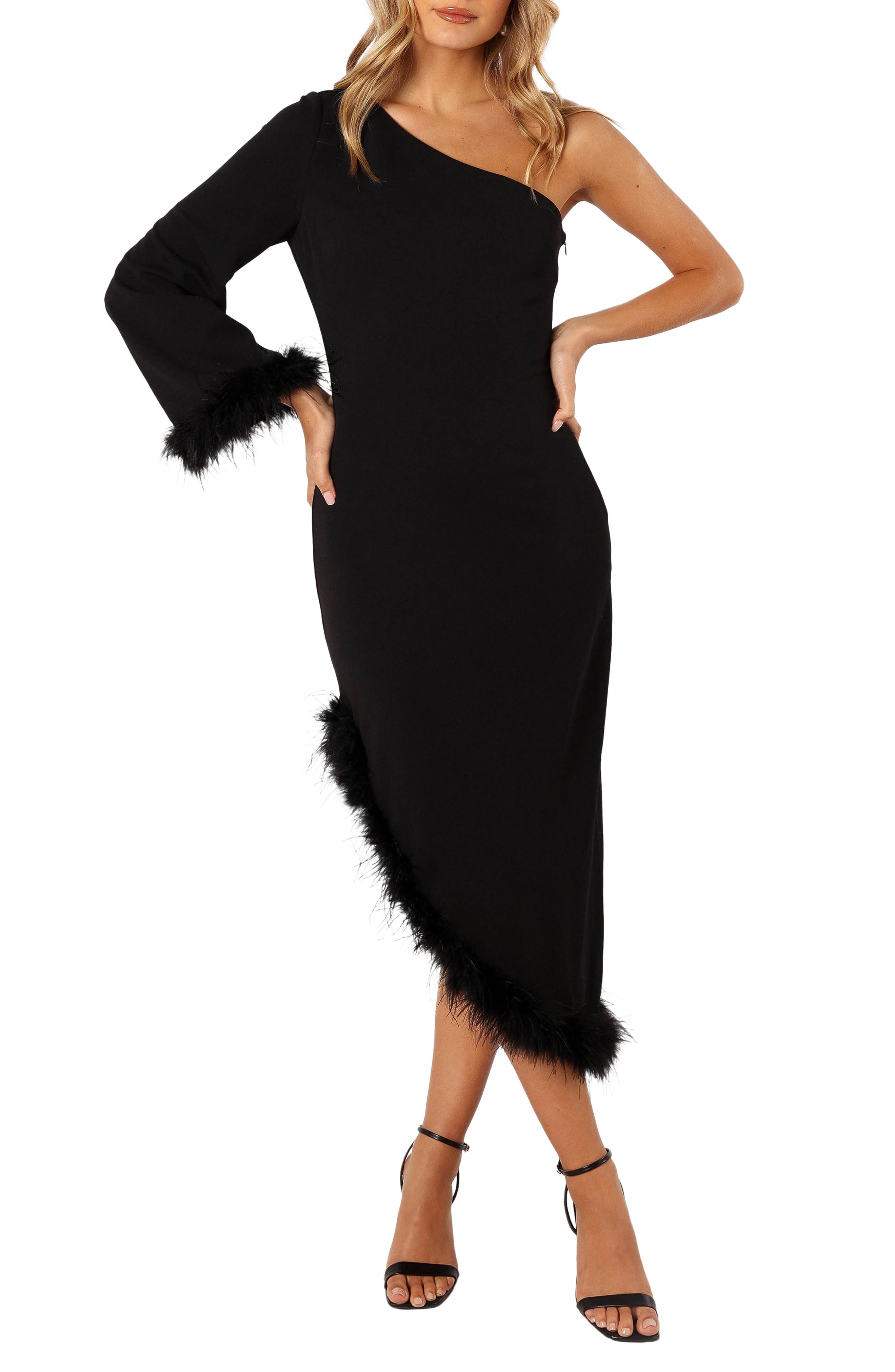 Petal & Pup Dame Feather Trim Single Long Sleeve Midi Cocktail Dress in Black 