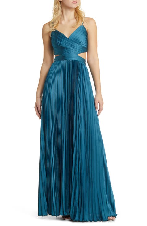 Teal Blue Satin Dress - Strapless Maxi Dress - Pleated Maxi Dress - Lulus