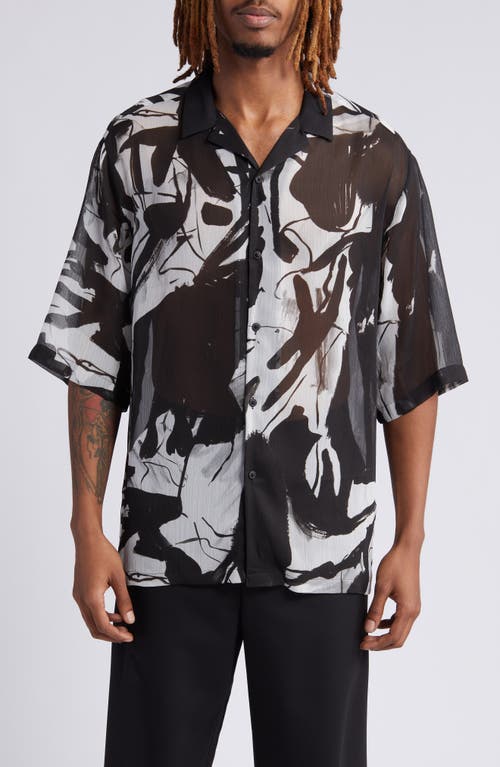 Sheer Abstract Print Short Sleeve Button-Up Shirt in Black
