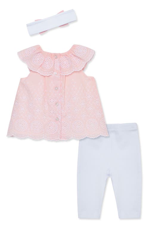 Shop Little Me Rose Eyelet Tunic, Leggings & Headband Set In White/pink