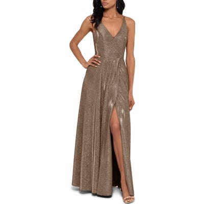 Xscape Glitter Slit A-Line Gown, Metallic